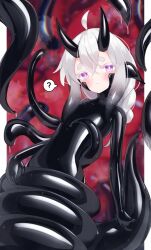 1girl ? ahoge black_bodysuit black_hair blush bodysuit colored_eyelashes flat_chest gradient_hair highres horns latex latex_bodysuit looking_at_viewer maguro27 multicolored_hair original purple_eyes shiny_clothes skin_tight solo spoken_question_mark tentacle_hair tentacles thick_eyebrows two-tone_hair white_hair