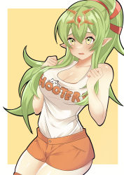 Rule 34 | 1girl, absurdres, bad id, bad pixiv id, blush, border, breasts, cleavage, commentary request, commission, fire emblem, fire emblem awakening, green eyes, green hair, hair between eyes, highres, hooters, l325j, large breasts, long hair, nintendo, orange shorts, pointy ears, ponytail, shorts, skeb commission, solo, tiara, tiki (adult) (fire emblem), tiki (fire emblem), two-tone background, white border, yellow background