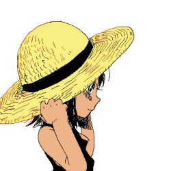 Rule 34 | 1girl, aged down, black dress, black hair, blue eyes, child, colorized, dress, female focus, flat chest, from side, hat, holding, lowres, nico robin, oekaki, official alternate costume, one piece, portrait, profile, short hair, simple background, sleeveless, sleeveless dress, smile, solo, straw hat, third-party edit, time paradox, upper body, white background