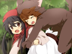 Rule 34 | 2girls, animal costume, bad id, bad pixiv id, big bad wolf, big bad wolf (cosplay), black hair, brown hair, cosplay, fang, grimm&#039;s fairy tales, hirasawa yui, k-on!, little red riding hood, little red riding hood (grimm), little red riding hood (grimm) (cosplay), maruki (punchiki), multiple girls, nakano azusa, red eyes, twintails, wolf costume