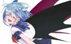 Rule 34 | 1girl, :d, absurdres, animal ears, bad id, bad twitter id, bat wings, blue hair, blue skirt, cat ears, detached wings, facing to the side, facing viewer, from side, gishiki (gshk), hair ornament, highres, leaning forward, neckerchief, open mouth, original, red neckerchief, round teeth, school uniform, serafuku, shirt, short sleeves, simple background, skirt, smile, solo, teeth, upper body, white background, white shirt, wings