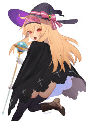 Rule 34 | 1girl, beijuu, black cape, black thighhighs, blonde hair, boots, brown footwear, cape, gloves, hairband, hat, hat ribbon, highres, holding, holding staff, little witch nobeta, long hair, looking at viewer, nobeta, open mouth, red eyes, ribbon, simple background, solo, staff, thighhighs, white background, white gloves, witch, witch hat