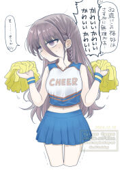 1girl aozora_kyoka borrowed_character braid breasts cheerleader go_yasukuni grey_eyes grey_hair hair_between_eyes highres long_hair medium_breasts messy_hair midriff navel original pleated_skirt pom_pom_(cheerleading) ringed_eyes simple_background single_braid skirt sweat translation_request white_background