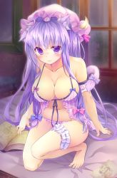 Rule 34 | 1girl, animal ears, babydoll, bare arms, bare legs, bare shoulders, barefoot, blue bow, book, book stack, bow, breasts, bridal garter, cat ears, cat tail, cleavage, commentary request, crescent, crescent hair ornament, front-tie top, hair bow, hair ornament, hat, highres, indoors, kemonomimi mode, kinokomushi, large breasts, lingerie, long hair, looking at viewer, mob cap, navel, on one knee, panties, patchouli knowledge, pink bow, purple bow, purple eyes, purple hair, purple hat, purple panties, solo, tail, tail bow, tail ornament, thigh strap, touhou, underwear, very long hair, window