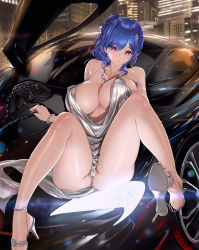 Rule 34 | 1girl, azur lane, bag, blue hair, blue nails, breasts, car, dress, evening gown, halter dress, halterneck, handbag, highres, jewelry, large breasts, looking at viewer, mhk (mechamania), motor vehicle, nail polish, necklace, on vehicle, panties, partially visible vulva, purple eyes, revealing clothes, shoe dangle, silver dress, sitting, solo, st. louis (azur lane), st. louis (luxurious wheels) (azur lane), underwear