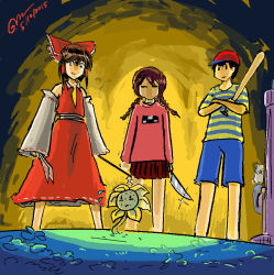 Rule 34 | 10s, 1boy, 2015, 3girls, around corner, baseball bat, baseball cap, bow, braid, crossed arms, crossover, dated, detached sleeves, flowey (undertale), flying sweatdrops, gapangman, gohei, hair bow, hakurei reimu, hat, knife, left-handed, madotsuki, mother (game), mother 2, multiple girls, ness (mother 2), nintendo, red bow, red skirt, shirt, sidelocks, signature, skirt, standing, striped clothes, striped shirt, sweat, toriel, touhou, twin braids, undertale, yume nikki