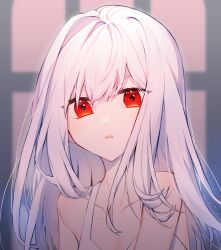 Rule 34 | 1girl, collarbone, dot nose, dress, eyelashes, highres, idass (idass16), light particles, long hair, looking at viewer, open mouth, original, portrait, red eyes, solo, white dress, white hair, window shadow