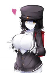 Rule 34 | 10s, 1girl, akitsu maru (kancolle), alternate eye color, areola slip, backpack, bad id, bad pixiv id, bag, black hair, black skirt, breast hold, breasts, breasts squeezed together, buttons, cleavage, collarbone, colored skin, hat, heart, heart-shaped pupils, highres, kantai collection, large breasts, licking lips, long sleeves, military, military uniform, miniskirt, no nose, open clothes, open shirt, pale skin, peaked cap, pleated skirt, randoseru, shirt, simple background, skirt, solo, symbol-shaped pupils, tongue, tongue out, uniform, wada kazu, white background, white skin, yellow eyes