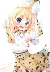Rule 34 | 10s, 1girl, 2017, @ @, animal ears, bare shoulders, blonde hair, blue eyes, blush, bow, bowtie, cat ears, cat tail, commentary request, cosplay, dated, elbow gloves, embarrassed, gloves, gochuumon wa usagi desu ka?, highres, kemono friends, kemonomimi mode, kirima syaro, looking at viewer, neki (wakiko), open mouth, serval (kemono friends), serval (kemono friends) (cosplay), serval print, serval tail, short hair, skirt, sleeveless, solo, tail, twitter username, wavy mouth