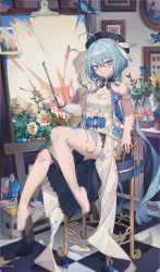 Rule 34 | 1girl, absurdres, ahoge, bare shoulders, barefoot, beret, blue butterfly, blue eyes, blue hair, blue nails, bug, butterfly, canvas (object), chair, closed mouth, dress, full body, griseo, griseo (starry impression), hat, highres, holding, holding brush, honkai (series), honkai impact 3rd, indoors, insect, long hair, looking at viewer, nail polish, painting (action), purple eyes, sitting, solo, thighs, toenail polish, toenails, toes, twintails, white dress, yuk233
