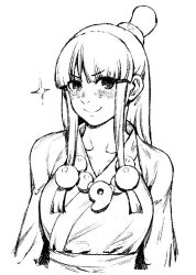 Rule 34 | 1girl, ace attorney, bands, bead necklace, beads, blush, breasts, cleavage, closed mouth, collarbone, greyscale, hatching (texture), ireading, jewelry, long hair, magatama, magatama necklace, maya fey, monochrome, necklace, simple background, sketch, smile, solo, sparkle, upper body, white background