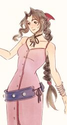 Rule 34 | 1girl, aerith gainsborough, belt, braid, brown hair, closed mouth, commentary, dress, english commentary, final fantasy, final fantasy vii, green eyes, highres, long hair, low-tied long hair, mmariesr, multiple bracelets, pink dress, simple background, smile, solo, standing, white background
