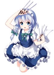 Rule 34 | 1girl, apron, arm up, between fingers, blue dress, blue eyes, blush, bow, braid, breasts, commentary request, dress, frilled apron, frills, green bow, hair between eyes, hair bow, hand up, highres, holding, holding knife, holding weapon, izayoi sakuya, jumping, knife, knives between fingers, looking at viewer, maid, maid apron, maid headdress, medium breasts, open mouth, petticoat, puffy short sleeves, puffy sleeves, ruu (tksymkw), short hair, short sleeves, silver hair, simple background, solo, touhou, twin braids, waist apron, weapon, white apron, white background