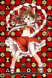 Rule 34 | &gt;:), 1girl, ascot, bobby socks, bow, breasts, brown eyes, brown hair, crest, detached sleeves, female focus, foreshortening, gohei, hair bow, hakurei reimu, highres, japanese clothes, mahan, mary janes, midriff, miko, navel, no bra, shoes, short hair, small breasts, smile, socks, solo, standing, touhou, underboob, v-shaped eyebrows, wind