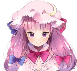 Rule 34 | 1girl, bad id, bad twitter id, blue ribbon, blunt bangs, blush, capelet, crescent, crescent hair ornament, eyebrows, eyelashes, frilled capelet, frills, hair ornament, hair ribbon, hat, hat ribbon, highres, lavender hat, long hair, looking at viewer, mob cap, neck ribbon, patchouli knowledge, pink hat, pink ribbon, purple eyes, purple hair, purple ribbon, ribbon, sanpaku, shiny skin, simple background, smile, solo, touhou, tress ribbon, tsurime, upper body, vanilla (miotanntann), white background