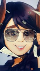 Rule 34 | 1girl, aviator sunglasses, black hair, choker, close-up, commentary, demon girl, demon horns, english commentary, grin, highres, horns, lips, looking at viewer, meme, money, original, ray-ban, reflection, smile, solo, sunglasses, swept bangs, thirnz, tinted eyewear