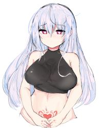 Rule 34 | 1girl, absurdres, ahoge, bare shoulders, blush, breasts, closed mouth, closers, collarbone, cropped torso, doldol (rkwowlqrp), hair between eyes, heart, heart-shaped pupils, highres, large breasts, light purple hair, long hair, mirae (closers), navel, pubic tattoo, red eyes, simple background, stomach tattoo, symbol-shaped pupils, tattoo, upper body, white background