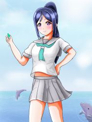 Rule 34 | 1girl, artist name, artist request, bare legs, blue hair, blue sky, blush, breasts, buttons, cloud, collarbone, day, dolphin, female focus, green neckerchief, green necktie, grey sailor collar, grey skirt, hair between eyes, hand on own hip, high ponytail, highres, holding, holding whistle, layered skirt, long hair, looking at viewer, love live!, love live! sunshine!!, matsuura kanan, miniskirt, neckerchief, necktie, ocean, outdoors, parted lips, plaid, plaid skirt, pleated, pleated skirt, ponytail, puffy short sleeves, puffy sleeves, purple eyes, sailor collar, school uniform, shirt, short sleeves, skirt, sky, smile, solo, tie clip, uranohoshi school uniform, whistle, white shirt