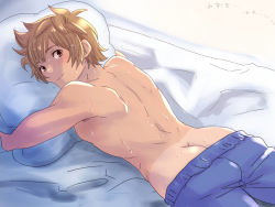 Rule 34 | 10s, 1boy, @@@, ass, bed, bed sheet, blanket, blush, boxers, brown hair, butt crack, gran (granblue fantasy), granblue fantasy, male focus, male underwear, muscular, navel, open mouth, pillow, solo, sweat, tank top, underwear