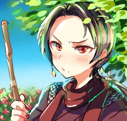 Rule 34 | 10s, 1boy, alternate costume, bad id, bad pixiv id, blue sky, blush, broom, brown hair, day, earrings, flower, japanese clothes, jewelry, kashuu kiyomitsu, long hair, looking at viewer, male focus, mole, mole under mouth, nail polish, outdoors, pippilipi, ponytail, portrait, red eyes, red nails, red scarf, scarf, sky, solo, touken ranbu, tree, upper body