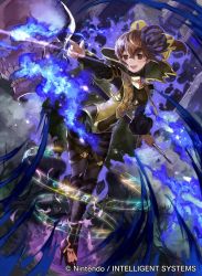 Rule 34 | 1girl, blue fire, brown eyes, brown hair, cape, company name, delthea (fire emblem), fire, fire emblem, fire emblem cipher, fire emblem echoes: shadows of valentia, flower, hair flower, hair ornament, hair ribbon, high heels, long sleeves, mayo (becky2006), nintendo, official art, open mouth, pointing, ponytail, ribbon, skull, solo