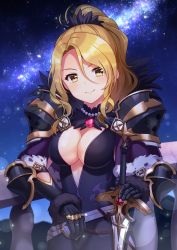 Rule 34 | &gt;:), 1girl, absurdres, armor, bad id, bad pixiv id, black dress, black gloves, blonde hair, breasts, center opening, christina (princess connect!), cleavage, closed mouth, commentary request, dress, gloves, hair between eyes, hand on hilt, high ponytail, highres, huge filesize, ichiren namiro, large breasts, looking at viewer, parted bangs, pauldrons, ponytail, princess connect!, shoulder armor, sky, smile, solo, star (sky), starry sky, sword, upper body, v-shaped eyebrows, weapon, yellow eyes