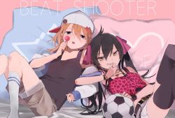 Rule 34 | 2girls, :o, ahoge, alternate costume, animal print, bad id, bad twitter id, badge, ball, baseball cap, belt, black eyes, black hair, black legwear, blush, bracelet, brown hair, camisole, camisole over clothes, candy, detached sleeves, food, hageshii nakano, hair ribbon, hat, holding, holding candy, holding food, holding lollipop, idolmaster, idolmaster cinderella girls, jewelry, leopard print, light brown hair, lollipop, looking at viewer, lying, matoba risa, midriff, multiple girls, necklace, open mouth, pendant, pillow, pink background, pink ribbon, ribbon, shorts, sideways hat, simple background, skirt, smile, soccer ball, socks, tank top, teeth, thighhighs, twintails, white hat, yellow eyes, yuuki haru