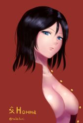Rule 34 | 1girl, bad id, bad pixiv id, black hair, blue eyes, bow, breasts, character name, cleavage, closed mouth, commentary, cyrillic, emblem, girls und panzer, half-closed eyes, head tilt, highres, large breasts, light frown, lips, long hair, looking at viewer, no bra, nonna (girls und panzer), one-hour drawing challenge, pravda (emblem), red bow, russian text, solo, swept bangs, takefu jiin, twitter username, upper body