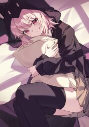 1girl 762807438 breasts brown_hair danganronpa_(series) danganronpa_2:_goodbye_despair flipped_hair hair_ornament highres hood hood_up jacket long_sleeves looking_at_viewer lying medium_hair nanami_chiaki no_hair_ornament on_side open_clothes open_jacket pink_eyes pleated_skirt shirt skirt solo thighhighs