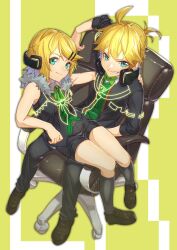 Rule 34 | 1boy, 1girl, black footwear, black pants, black shorts, black socks, blonde hair, blue eyes, bow, bowtie, brother and sister, chair, closed mouth, fur trim, grin, hair ornament, hairclip, headphones, headphones around neck, highres, kagamine len, kagamine rin, kneehighs, pants, receiver (module), remote control (vocaloid), sho bu 1116, shoes, short hair, shorts, siblings, simple background, sitting, sitting on lap, sitting on person, sleeveless, smile, socks, transmitter (module), vocaloid