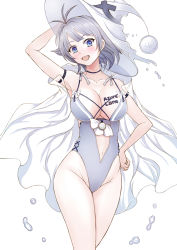 Rule 34 | 1girl, air bubble, arm behind head, arm strap, azur lane, blue eyes, body writing, breasts, bubble, cleavage, grey headwear, grey pantyhose, grey one-piece swimsuit, hand up, highleg, highleg leotard, highres, large breasts, leotard, long hair, one-piece swimsuit, pantyhose, sai-go, seattle (azur lane), seattle (sunfish spell!) (azur lane), see-through, solo, swimsuit