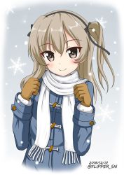 Rule 34 | 1girl, black ribbon, blue coat, blush, brown eyes, clenched hands, closed mouth, coat, commentary request, cropped torso, dated, flipper, fringe trim, girls und panzer, hair ribbon, light blush, light brown hair, long hair, looking at viewer, one-hour drawing challenge, one side up, partial commentary, ribbon, scarf, shimada arisu, smile, snow, snowflakes, solo, standing, twitter username, upper body, white scarf, winter clothes