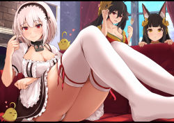 Rule 34 | 3girls, ahoge, anchor choker, animal ear fluff, animal ears, apron, arm under breasts, azur lane, bird, black dress, black hair, blue sky, blunt bangs, blush, breasts, chick, choker, cleavage, closed mouth, cloud, collarbone, couch, crossed bangs, cup, curtains, day, dress, eyelashes, fireplace, frilled apron, frilled choker, frills, hair between eyes, hair ornament, hair ribbon, hairband, hand up, hands up, heart, holding, holding cup, indoors, japanese clothes, kanzaki kureha, kimono, knees up, lace-trimmed hairband, lace trim, large breasts, long hair, manjuu (azur lane), multiple girls, nagato (azur lane), no shoes, off shoulder, on couch, open mouth, panties, pantyshot, parted lips, petticoat, puffy short sleeves, puffy sleeves, raised eyebrows, red eyes, red ribbon, ribbon, ribbon-trimmed legwear, ribbon trim, short hair, short sleeves, sirius (azur lane), sitting, sky, smile, standing, striped ribbon, taihou (azur lane), thighhighs, thighs, twirling hair, two-tone dress, underwear, waist apron, white dress, white hair, white legwear, white panties, window, yellow eyes