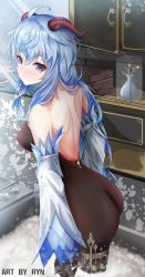 Rule 34 | 1girl, ahoge, ass, bare shoulders, bathtub, blue hair, blush, bodysuit, breasts, detached sleeves, from behind, ganyu (genshin impact), genshin impact, gloves, highres, horns, large breasts, long hair, looking at viewer, looking back, purple eyes, ryn, shiny clothes, shiny skin, sideboob, smile, solo, very long hair