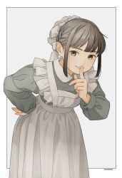 Rule 34 | 1girl, akai sashimi, apron, artist name, border, braid, brown eyes, brown hair, collared dress, cowboy shot, dress, finger to mouth, frilled apron, frills, grey background, grey dress, hand on own hip, hand up, highres, leaning forward, long sleeves, looking at viewer, maid, maid apron, original, outside border, parted lips, revision, shushing, sidelocks, simple background, smile, solo, standing, white apron, white border