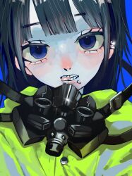 Rule 34 | 1girl, biting tongue, blue background, blue eyes, blunt bangs, buttons, ear piercing, grey hair, high-visibility jacket, highres, jacket, lip piercing, long hair, looking at viewer, original, pale skin, parted lips, piercing, respirator, simple background, solo, straight-on, teeth, tongue, upper body, urokogaran, yellow jacket