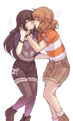 Rule 34 | 10s, 2girls, blush, boots, bracelet, brown hair, casual, closed eyes, couple, hair between eyes, hand on another&#039;s cheek, hand on another&#039;s face, heart, hibike! euphonium, jewelry, kiss, kissing cheek, kousaka reina, long hair, multiple girls, nox (pepperoni), oumae kumiko, raglan sleeves, shirt, short hair, shorts, simple background, smile, striped clothes, striped shirt, thighhighs, white background, yuri