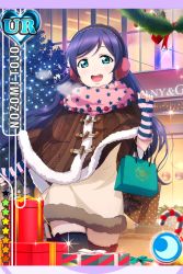 Rule 34 | 10s, 1girl, bag, box, breath, candy, candy cane, card (medium), character name, christmas, dress, earmuffs, elbow gloves, fingerless gloves, food, fur trim, garter straps, gift, gift box, gloves, green eyes, long hair, looking at viewer, love live!, love live! school idol festival, love live! school idol project, official art, open mouth, poncho, purple hair, scarf, shopping bag, smile, solo, star (symbol), star print, thighhighs, tojo nozomi