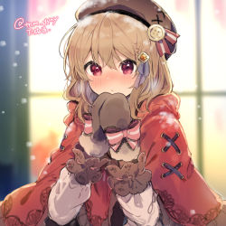 Rule 34 | 1girl, :/, blush, bow, braid, brown hair, brown hat, brown mittens, cape, closed mouth, hands up, hat, hood, hooded cape, ikeuchi tanuma, long sleeves, looking at viewer, mittens, original, pink bow, red cape, red eyes, solo, twitter username, upper body