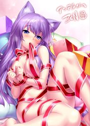 Rule 34 | 1girl, animal ear fluff, animal ears, barefoot, blue eyes, blush, bound, bound wrists, bow, box, breasts, cat day, cat ears, cat girl, cat tail, cleavage, clenched hands, commentary, commission, curvy, eyelashes, eyes visible through hair, gift, gift box, hair between eyes, hair over breasts, head tilt, highres, knee up, large breasts, leaning back, legs, long hair, looking at viewer, mouth hold, naked ribbon, navel, pink background, purple hair, purple tail, red bow, red ribbon, ribbon, ribbon in mouth, second-party source, shy, sidelocks, signature, simple background, sitting, skeb commission, solo, sorakado ai, summer pockets, sweat, tail, thighs, very long hair, zen (kamuro)