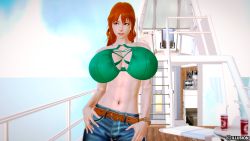 Rule 34 | 1girl, 3d, areola slip, bare shoulders, bent over, bikini, blush, bracelet, breasts, brown eyes, cleavage, covered erect nipples, female focus, flower, highres, hip focus, huge breasts, jewelry, long hair, looking at viewer, lying, nami (one piece), on back, one piece, open mouth, orange hair, smile, solo, swimsuit, tattoo, teeth, thighs, tongue