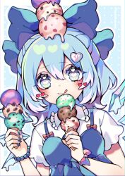 Rule 34 | 1girl, blue bow, blue dress, blue eyes, blue hair, blush, bow, cirno, closed mouth, collared shirt, detached wings, dress, fairy, food, hair between eyes, hair bow, heart, highres, holding, holding food, ice, ice cream, ice wings, kyouda suzuka, looking at viewer, shirt, short hair, short sleeves, smile, solo, tongue, tongue out, touhou, white shirt, wings
