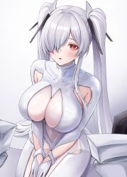 Rule 34 | 1girl, :o, absurdres, bodysuit, breasts, cinderella (nikke), cleavage, cleavage cutout, clothing cutout, commentary request, covered navel, gloves, goddess of victory: nikke, grey hair, hair over one eye, highres, kneeling, large breasts, long hair, looking at viewer, navel, open mouth, red eyes, see-through, seiza, sitting, solo, twintails, very long hair, warubo, white bodysuit, white gloves, white hair