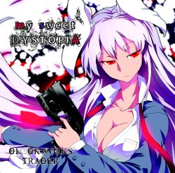 Rule 34 | 1girl, album cover, animal ears, blazer, breasts, cleavage, cover, dress shirt, expressionless, female focus, finger on trigger, gun, holding, holding gun, holding weapon, jacket, jitome, large breasts, necktie, no bra, open clothes, purple hair, rabbit ears, red eyes, red necktie, reisen udongein inaba, shirt, sinzan, solo, touhou, unbuttoned, undone necktie, upper body, weapon