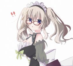 Rule 34 | !, !!, 1girl, 9-nine-, bare shoulders, black ribbon, blue eyes, blush, bow, breasts, cleavage, colored eyelashes, commentary, eyes visible through hair, from side, glasses, green bow, hair between eyes, highres, kujou miyako, large breasts, light brown hair, long hair, looking at viewer, maid, maid headdress, neck ribbon, parted lips, red-framed eyewear, ribbon, sakaniwa t, sidelocks, simple background, solo, twintails, upper body, wavy hair, white background