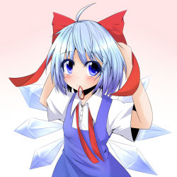 Rule 34 | 1girl, ahoge, arms up, blue eyes, blue hair, blush, bow, cirno, dress, hair bow, hiro (pqtks113), matching hair/eyes, mouth hold, ribbon, ribbon in mouth, short hair, solo, touhou, tying, wings