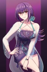 Rule 34 | 1girl, absurdres, dress, fate/grand order, fate (series), glasses, highres, looking at viewer, ponytail, purple hair, red eyes, scathach (fate), scathach skadi (fate), scathach skadi (swimsuit ruler) (fate), solo, sweater, sweater dress, swimsuit, user dgfw8735, watch