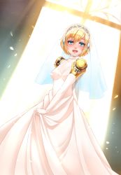 Rule 34 | aegis (persona), android, blonde hair, blue eyes, blush, bridal veil, dress, earphones, elbow gloves, gloves, highres, joints, looking at viewer, open mouth, persona, persona 3, petals, robot joints, short hair, smile, solo, twrlare, veil, wedding dress