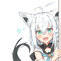 Rule 34 | 1girl, ahoge, animal ear fluff, animal ears, black bow, blue neckerchief, blush, bow, braid, commentary request, detached sleeves, earrings, fang, fox ears, fox girl, fox tail, green eyes, hair between eyes, hair bow, hand on wall, highres, hololive, hood, hoodie, jewelry, long hair, looking at viewer, motion lines, neckerchief, open mouth, peeking out, pentagram, shirakami fubuki, shirakami fubuki (1st costume), sidelocks, single braid, skin fang, smile, solo, tail, tomyoo, virtual youtuber, white hair, white hoodie