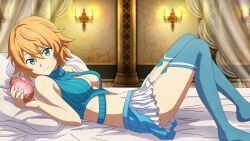 Rule 34 | 1girl, bare arms, bed sheet, blonde hair, blue thighhighs, breasts, candelabra, candlestand, cleavage, cleavage cutout, closed mouth, clothing cutout, curtains, eyebrows hidden by hair, game cg, garter straps, green eyes, hair between eyes, highres, holding, indoors, looking at viewer, lying, medium breasts, midriff, miniskirt, navel, official art, on back, philia (sao), pillow, short hair, skirt, sleepwear, smile, solo, stomach, sword art online, sword art online last recollection, thighhighs, white skirt